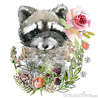 Cute watercolor cartoon raccoon. Cartoon Illustration