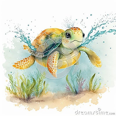 Cute Watercolor Cartoon Turtle Swimming for Kids' Show. Stock Photo