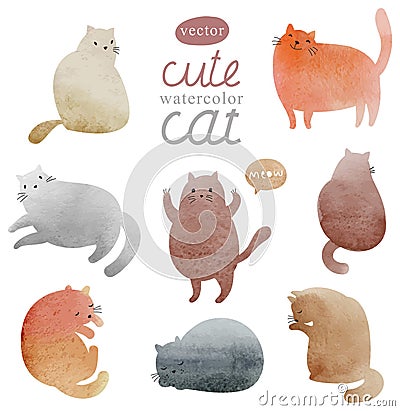 Cute watercolor cats set Vector Illustration