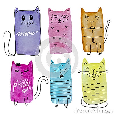 Cute watercolor cats vector set. Vector Illustration