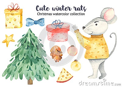 Cute watercolor christmas rat with fir and gifts Stock Photo