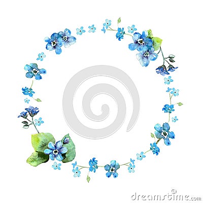 Cute watercolor circular flower frame. Background with watercolor forget me nots Stock Photo