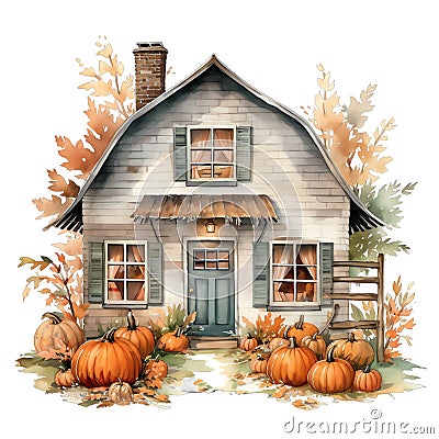 Cute watercolor cottage house with pupmkins , halloween time, fall autumn house, illustration Cartoon Illustration