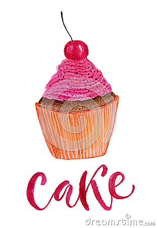 Cute watercolor cupcake with cherry. Bright illustration for greting card. Cartoon Illustration