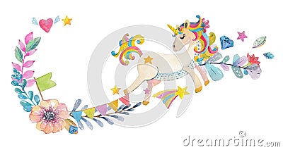 Cute watercolor design with magic unicorn and flowers Stock Photo