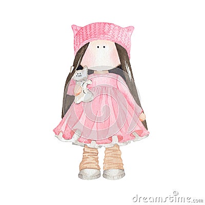 Watercolor illustration of a cute dark haired tilda doll Stock Photo