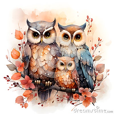 Cute watercolor family Owls illustration painting on white background. Cartoon Illustration