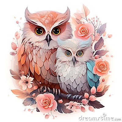Cute watercolor family Owls illustration painting on white background. Cartoon Illustration