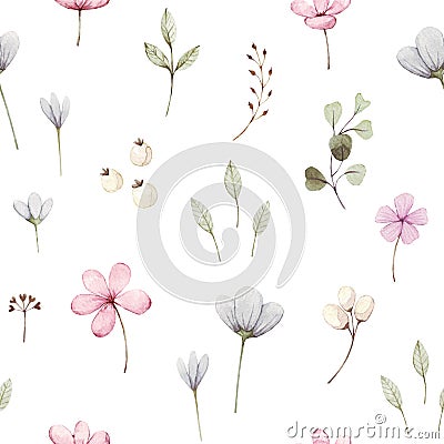 Cute Watercolor Floral Seamless floral Surface Pattern with Pink and Blue small flowers and green leaves on white background. Han Stock Photo