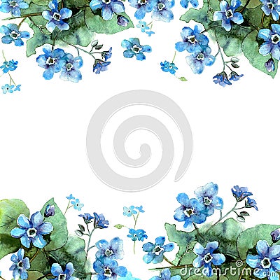 Cute watercolor flower border. Background with blue watercolor f Stock Photo