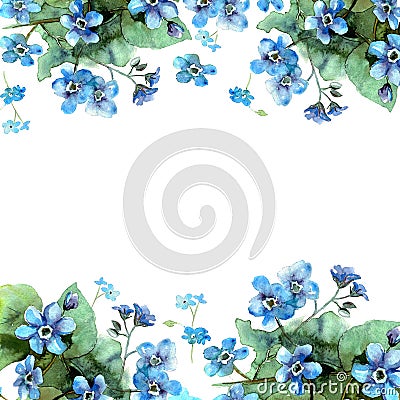 Cute watercolor flower border. Background with blue watercolor forget me nots. Stock Photo