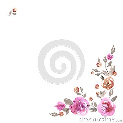 Cute watercolor flower border. Background with pink roses. Stock Photo