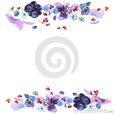 Cute watercolor flower frame. Background with pansies. Invitation. Stock Photo