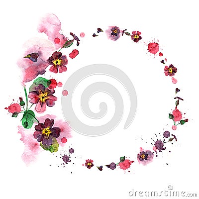 Cute watercolor flower frame. Background with purple petunia. Stock Photo