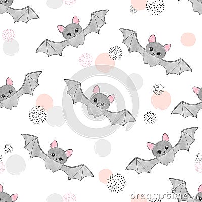 Cute watercolor flying bats pattern. Vector Illustration