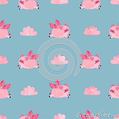 Cute watercolor flying pigs seamless pattern Vector Illustration