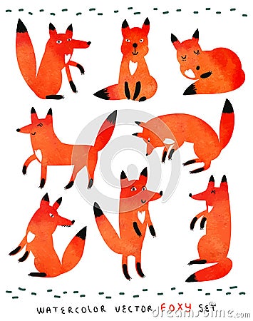 Cute watercolor foxy set Vector Illustration