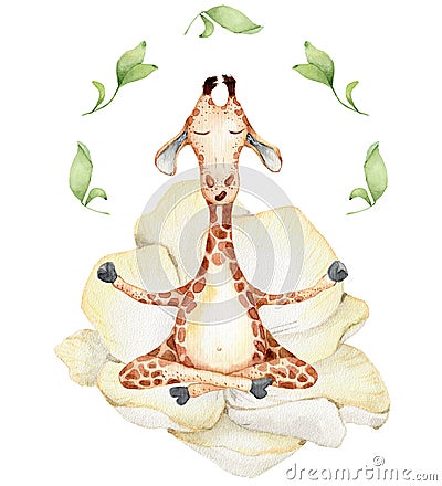 Cute watercolor geraffe with tropical flowers in yoga position Cartoon Illustration
