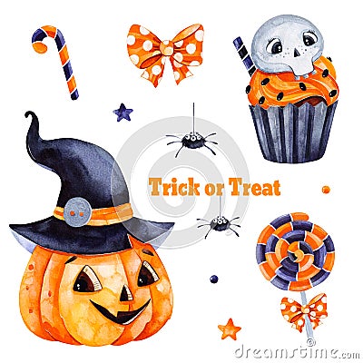 Texture with pumpkin and black hat, candy,muffin,skull and bow Stock Photo