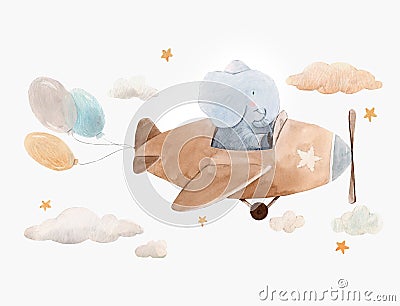 Cute watercolor artwork with baby elephant on the plane with air baloons, clouds and stars. Stock illustration. Cartoon Illustration