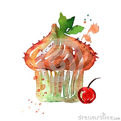 Cute watercolor hand painted illustration with desert isolated on white. Cupcake with cream, mint and cherry Cartoon Illustration