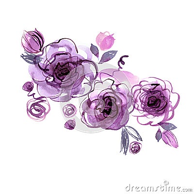Cute watercolor hand painted purple roses. Stock Photo