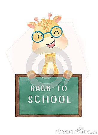 Cute watercolor happy nerdy kid giraffe with chalkboard, back to school cartoon animal wildlife watercolor vector Vector Illustration