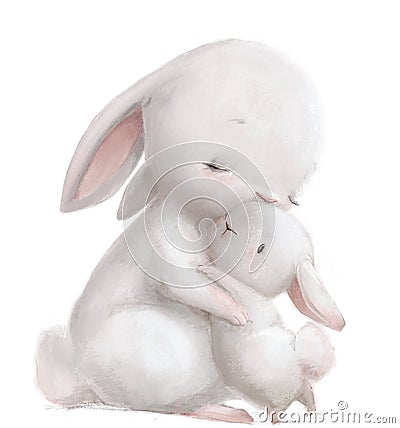 cute watercolor hares - mom and her kid Stock Photo