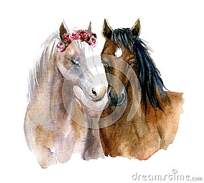 Watercolor cute horses. Funny illustration Cartoon Illustration