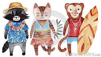 Cute watercolor illustration with cat, raccoon and monkey in summer style. Vector Illustration