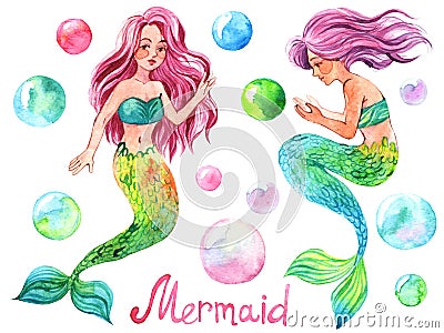 Cute watercolor illustration with mermaids and rainbow bubbles Cartoon Illustration