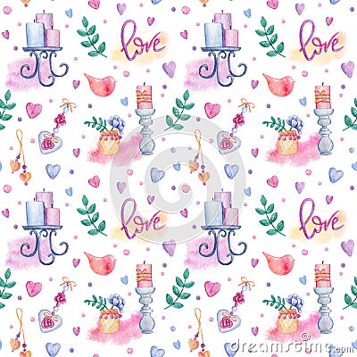 Cute watercolor illustration for Valentine's Day. Seamless handmade pattern in gentle colors Cartoon Illustration