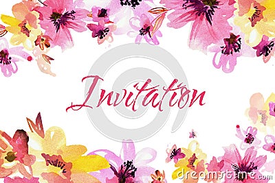Cute watercolor invitation with hand painted flowers Cartoon Illustration