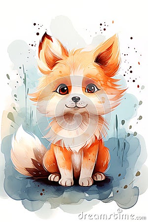 Cute watercolor little fox and flowers on a white background. Postcard with animals and flowers. Cartoon Illustration