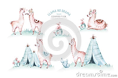 Cute watercolor llama, alpaca illustration isolated on white. Llama print ethnic blanket, flowers wreath, floral bouquet Cartoon Illustration