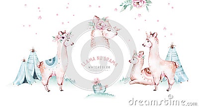 Cute watercolor llama, alpaca illustration isolated on white. Llama print ethnic blanket, flowers wreath, floral bouquet Cartoon Illustration