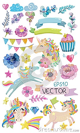 Cute watercolor magic unicorn with flowers Vector Illustration