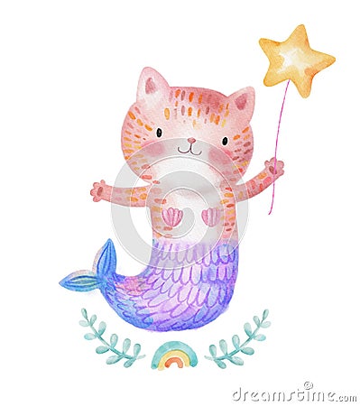 Cute Watercolor Meow-maid. Pink Purr-maid Cat Mermaid. Fish Tail Stock Photo