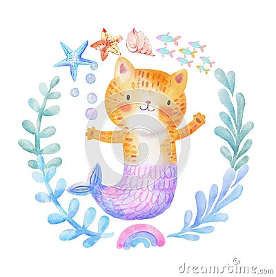 Cute Watercolor Meow-maid Purr-maid Cat Mermaid. Little Kitty Mermaid in a Kiddish Style Stock Photo