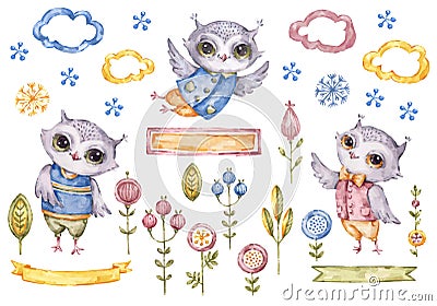 Cute watercolor owls boy collection, vector floral elements Vector Illustration