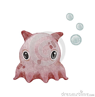 Cute watercolor pink Dumbo octopus with bubbles. Deep sea creature Cartoon Illustration