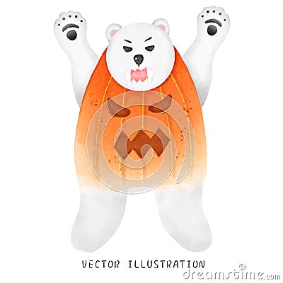 A cute watercolor polar bear dressed as a pumpkin for Halloween Vector Illustration