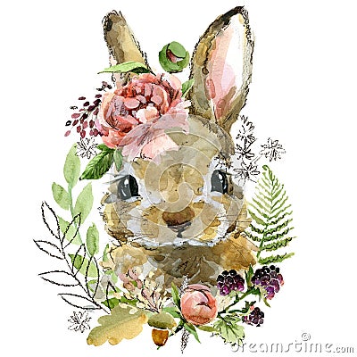 Cute watercolor rabbit. cartoon forest animal illustration. Cartoon Illustration