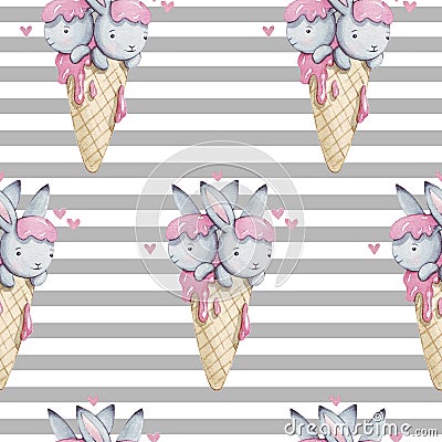 Cute watercolor seamless pattern with bunny in ice cream. Hand painted background. Cartoon Illustration