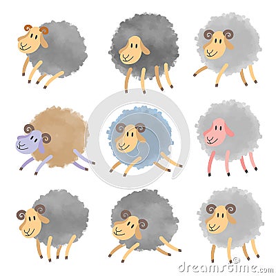 Cute watercolor sheeps set Cartoon Illustration