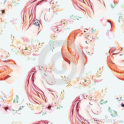 Cute watercolor unicorn seamless pattern with flowers. Nursery magic unicorn patterns. Princess rainbow texture. Trendy Stock Photo