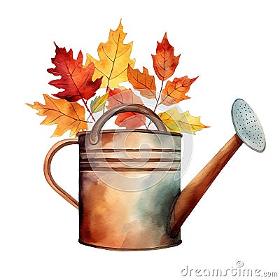 Cute watercolor watering can floral leaves in autumn fall colors, illustration Cartoon Illustration