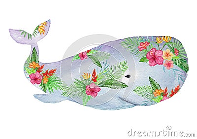 Cute watercolor whale in flowers Cartoon Illustration
