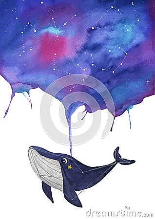 Cute watercolor whale with stars and cosmos design. Isolated. Use for card, postcard, t shirt etc. Hand drawing Cartoon Illustration