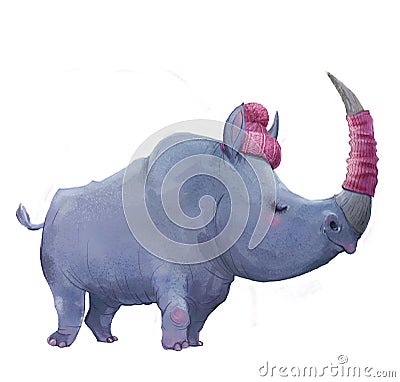 Cute watercolor winter rhinoceros Stock Photo